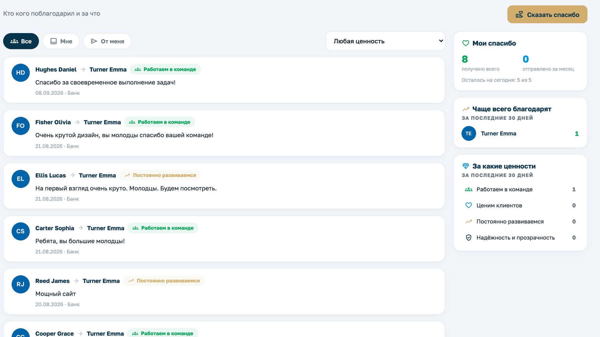 Спасибо: благодарности коллегам по ценностям компании